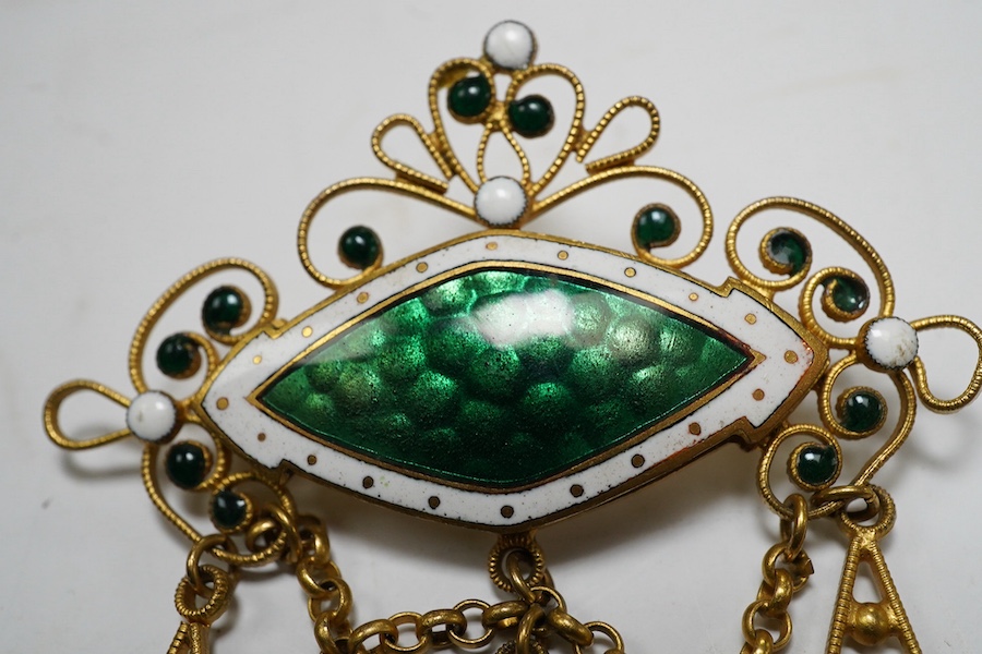 An Art Nouveau style gilt metal and three colour enamel set drop pendant, 90mm. Condition - fair to good